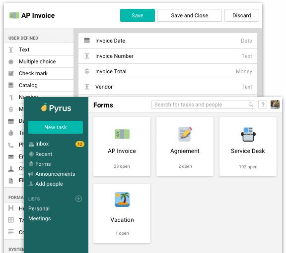 Screenshot of the Pyrus form designer showing template creation interface